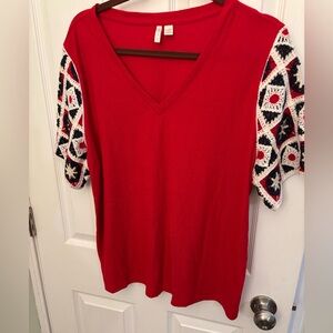 Red V-Neck Crochet Sleeve Top - Ladies Cato brand size 18/20